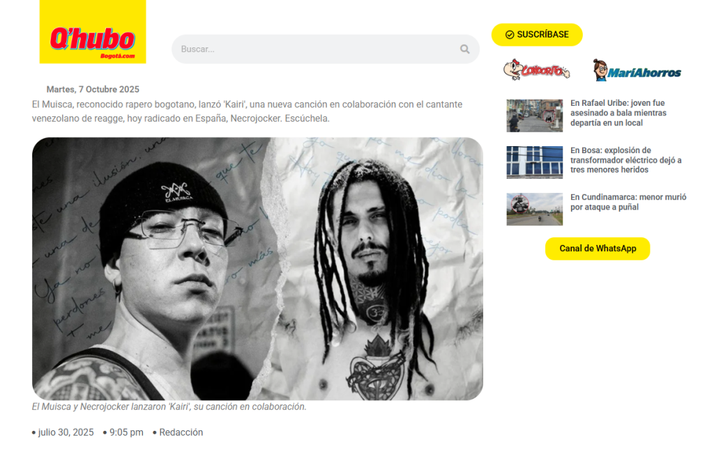 Medios de comunicación hablando sobre el lanzamiento musical de El Muisca, rapero bogotano de rap consciente y esencia urbana.
